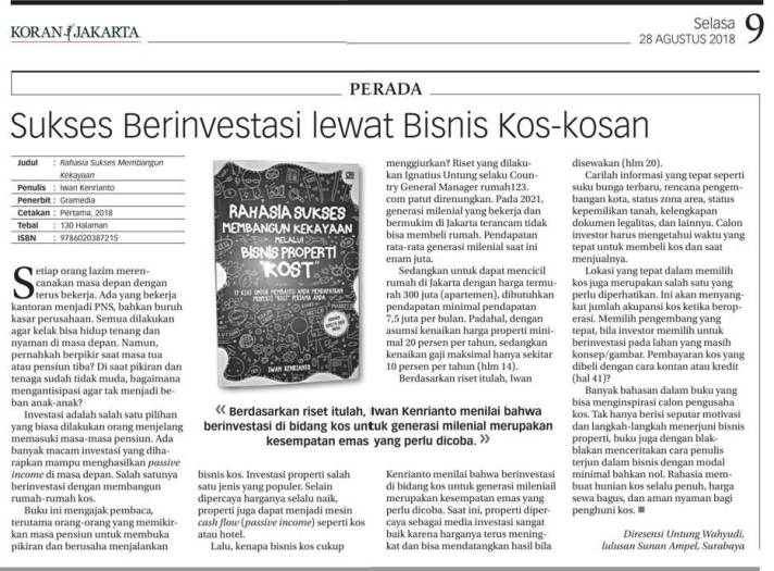 Rahasia Sukses Membangun Kesuksesan Lewat Bisnis Properti Kost - Koran Jakarta - 28 Agustus 2018 - Untung Wahyudi